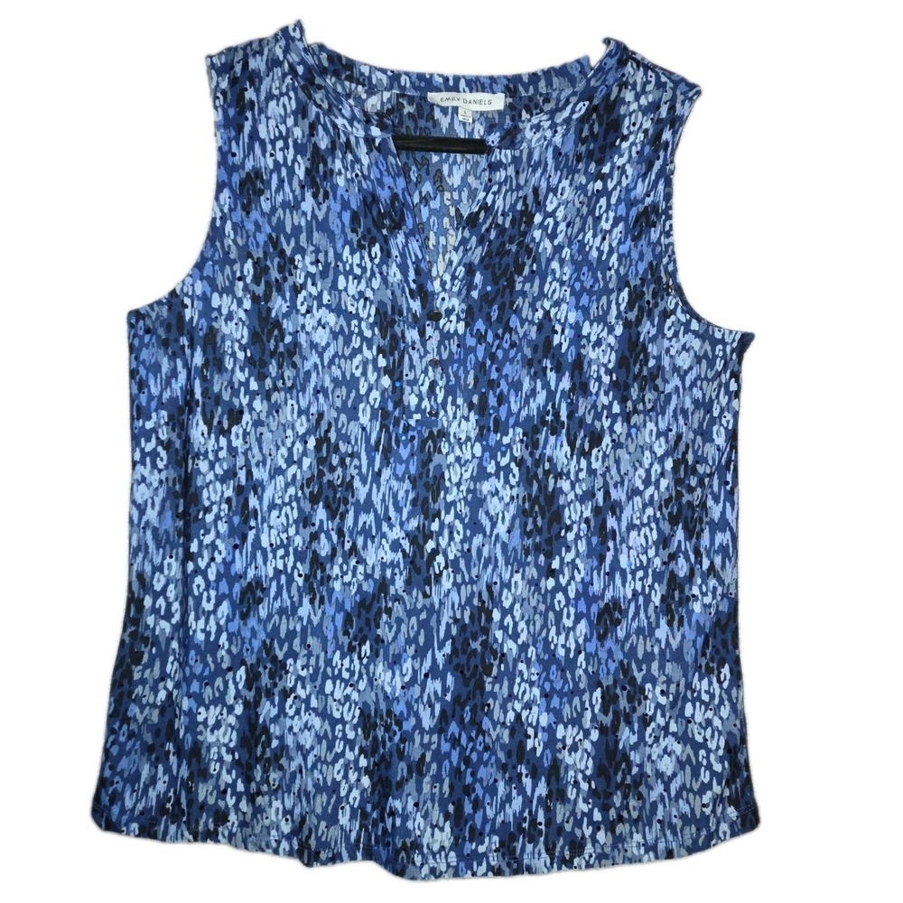Emily Daniels Blue Abstract Blouse Women's Large Sleeveless Shirt Split-Neck Top